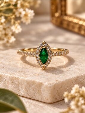 Emerald Green Marquise Crystal Halo Gold Open Adjustable Ring